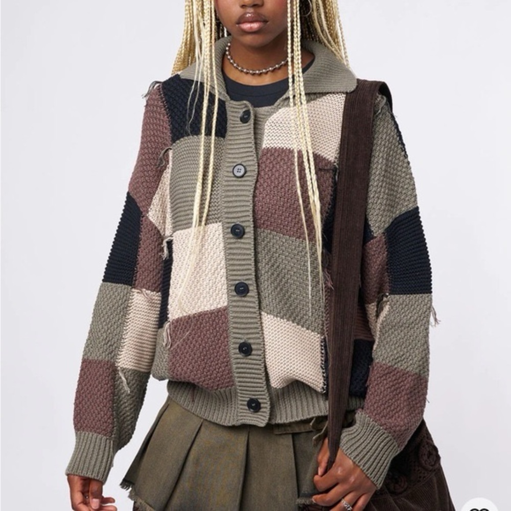 Minga London Patchwork Button-Up Cardigan earthy earth tones camo